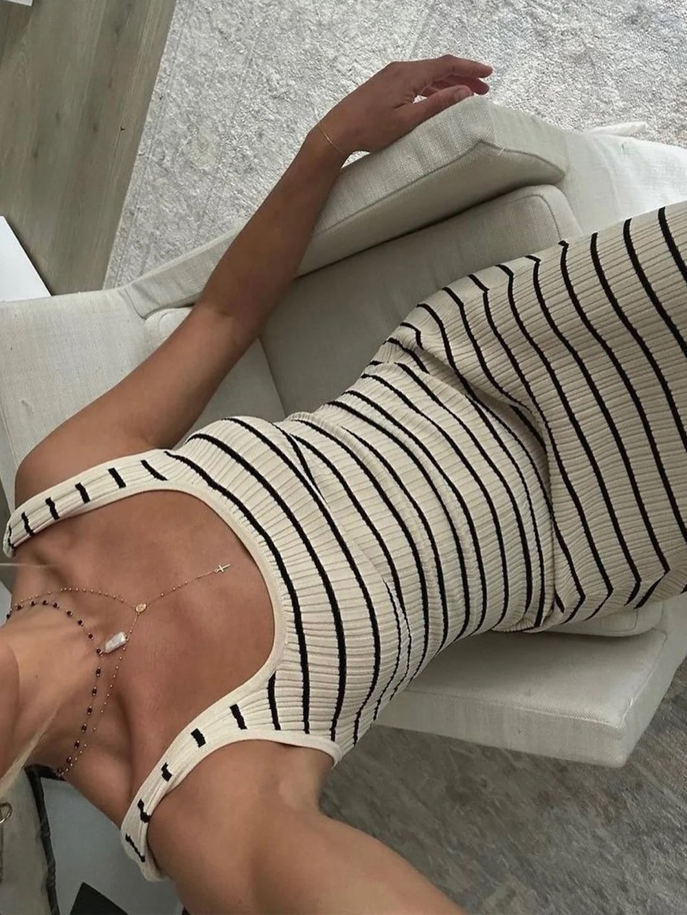 Ribbed Knit Striped Tank Dress in Cream and Black